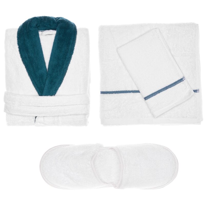 Set de baie Square Nature, bumbac organic, 4 piese, Barbati, Alb/Albastru