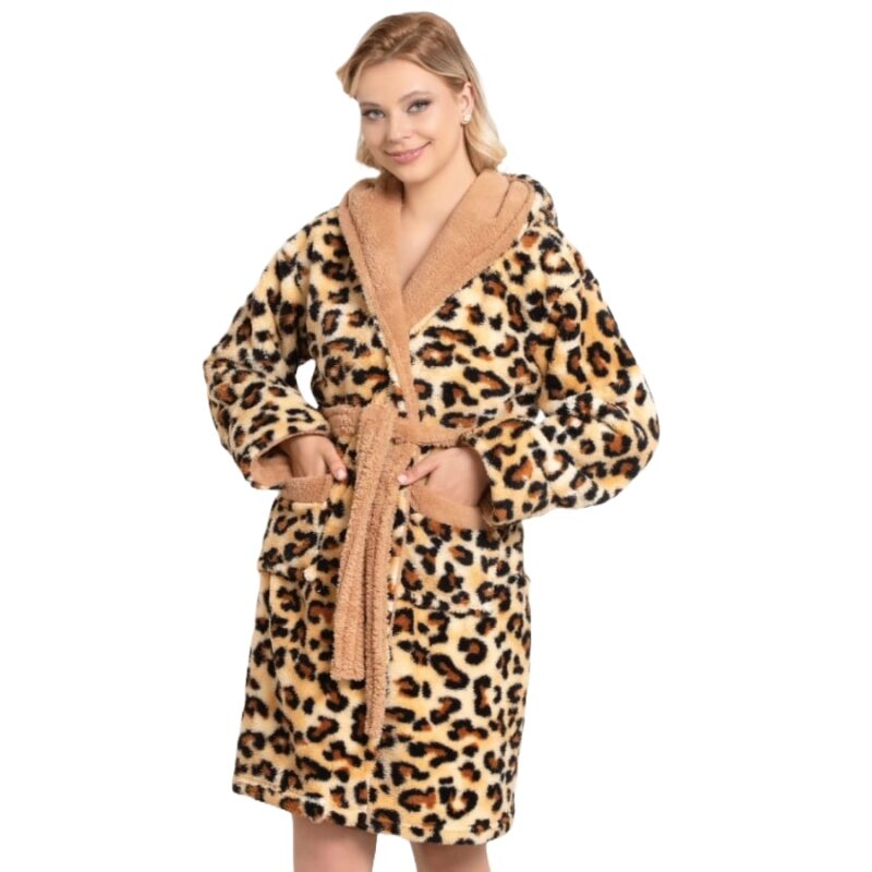 Halat Baie Pufos, Bumbac, Gluga, Buzunare, Cordon, Leopard, XL