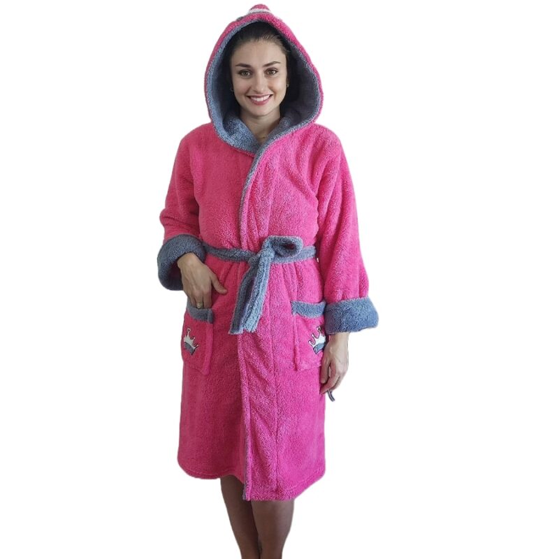 Halat Baie Pufos Princess, Bumbac, Gluga, Buzunare, Cordon, Roz, L-XL