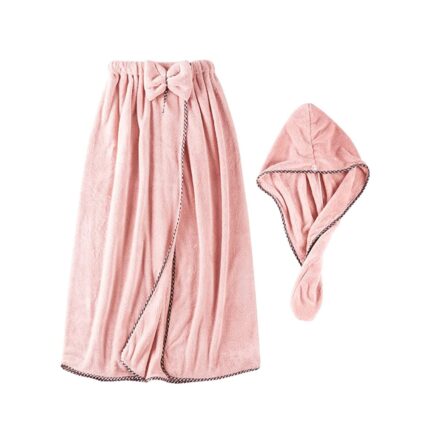 Set Halat baie si prosoape, NUODWELL, Tesatura fleece coral, fibra ultra-fina, dimensiune universala, calitate hotel, moale si confortabila, absorbtie buna de apa, fara varsare, roz