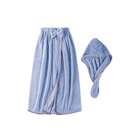 Set Halat baie si prosop pentru par, AEWOYAD, Tesatura fleece coral, dimensiune universala, Albastru