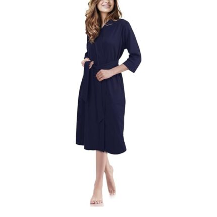 Halat de baie, NY Threads, cu buzunare si cordon, din tricot, usor, moale si confortabil, marimea M, Bleumarin