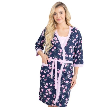Halat femei, bumbac, maneca 3/4, Petra, bleumarin 2XL