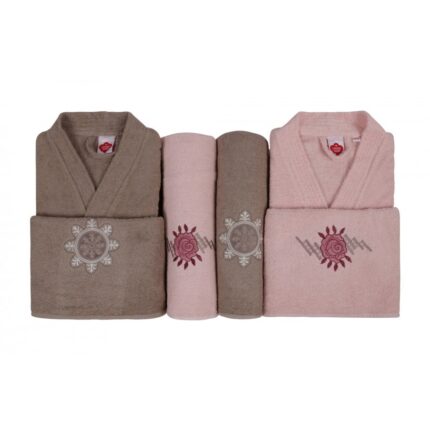 Set matrimonial 6 piese, 2 halate baie si 4 prosoape, bumbac, Cotton Box, Bej/Roz Pudra