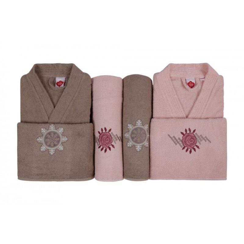 Set matrimonial 6 piese, 2 halate baie si 4 prosoape, bumbac, Cotton Box, Bej/Roz Pudra