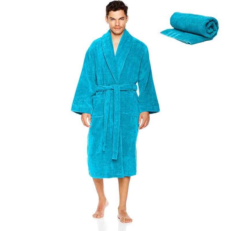 Set Halat de baie si prosop, Quasar & Co.®, 100% bumbac, halat baie gros, 1.1 kg, prosop de fata, 50 x 90 cm, turcoaz, L/XL