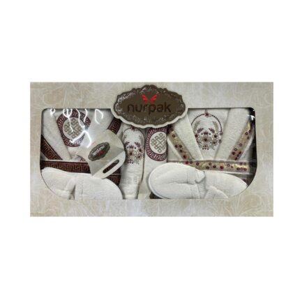 Set 2 halate de baie, 8 prosoape, 2 perechi papuci, 2 sapunuri si 2 manusi, Nurpak, bumbac/satin, alb, marime universala