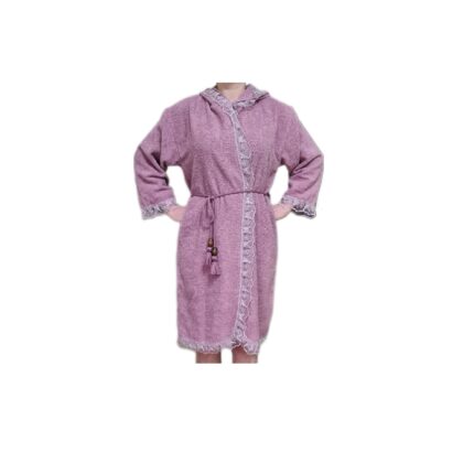 Halat de baie dama cu gluga, din bumbac, cu dantela, mov, marime L-XL