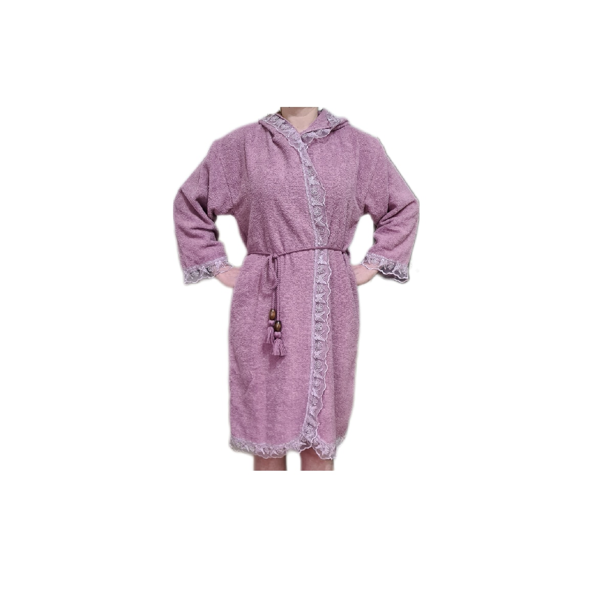 res_da9d3c082d26ae9affe27e140df7660d Halat de baie dama cu gluga, din bumbac, cu dantela, mov, marime L-XL