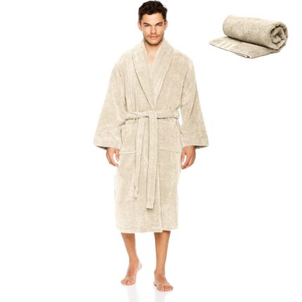 Set Halat de baie si prosop, Quasar & Co.®, 100% bumbac, halat baie gros, 1.1 kg, prosop de fata, 50 x 90 cm, crem, L/XL