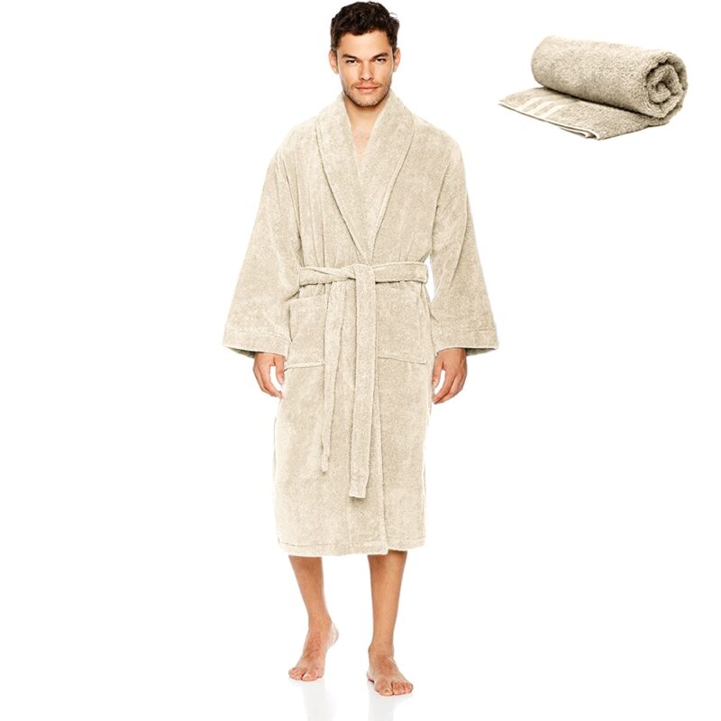Set Halat de baie si prosop, Quasar & Co.®, 100% bumbac, halat baie gros, 1.1 kg, prosop de fata, 50 x 90 cm, crem, L/XL