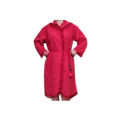 Halat de baie dama cu gluga, din bumbac, cu dantela, rosu, marime L-XL