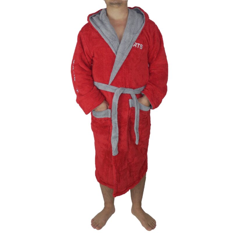 Halat baie barbati, model M.Sports, MENZ®, bumbac, buzunare, cordon, gluga, rosu-gri, XL-2XL