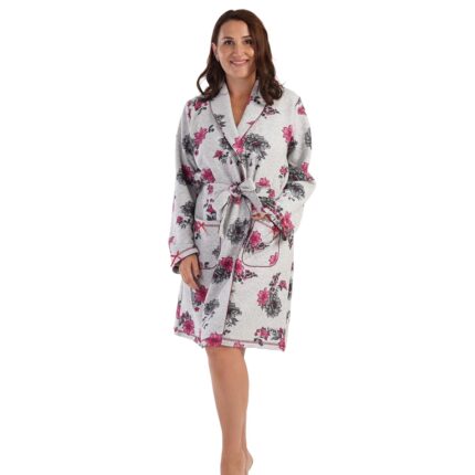 Halat baie, dama matlasat, Vienetta, model Motive Rose, buzunare, cordon, gri, 2XL