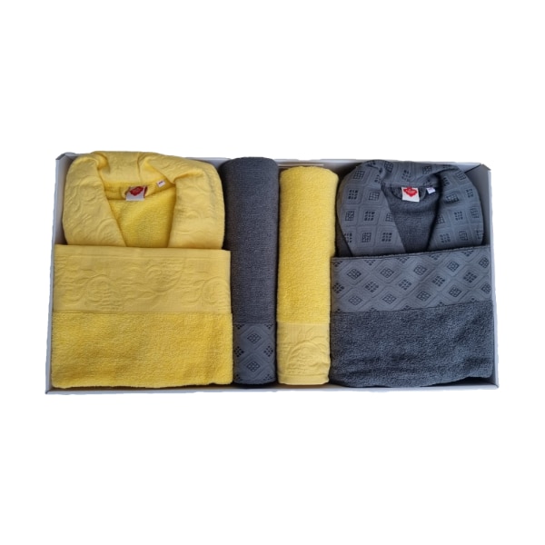 Set matrimonial 6 piese, 2 halate baie, 4 prosoape, bumbac jacquard, Cotton Box, S/M, M/L Camilla Yellow/Anthracite