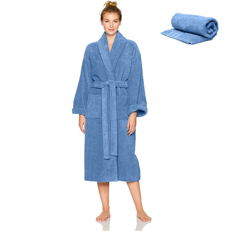 Set Halat de baie si prosop, Quasar & Co., 100% bumbac, halat baie gros, 1.1 kg, prosop de fata, 50 x 90 cm, albastru, S/M