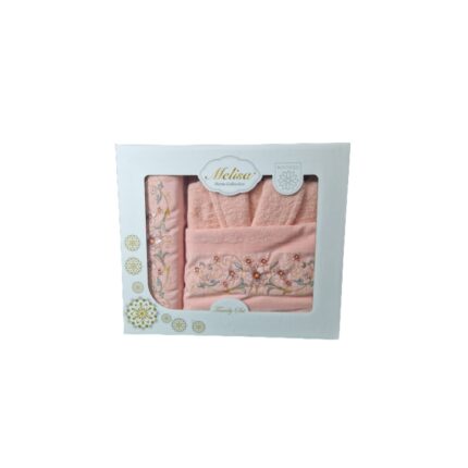 Set pentru baie, 3 piese, Bumbac brodat, 2 prosoape-70x140cm/50x90cm si 1 halat, Roz