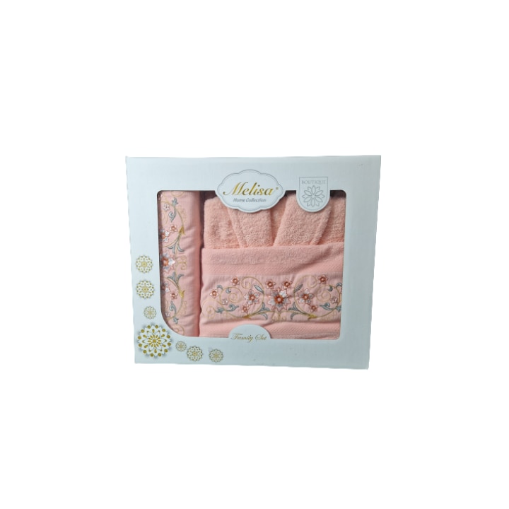 Set pentru baie, 3 piese, Bumbac brodat, 2 prosoape-70x140cm/50x90cm si 1 halat, Roz