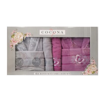 Set halate baie Cocona, broderie decorativa, 100% bumbac, 6 piese - 2 halate, 4 prosoape, culori gri/mov