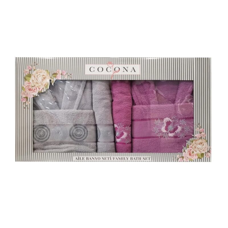 Set halate baie Cocona, broderie decorativa, 100% bumbac, 6 piese - 2 halate, 4 prosoape, culori gri/mov