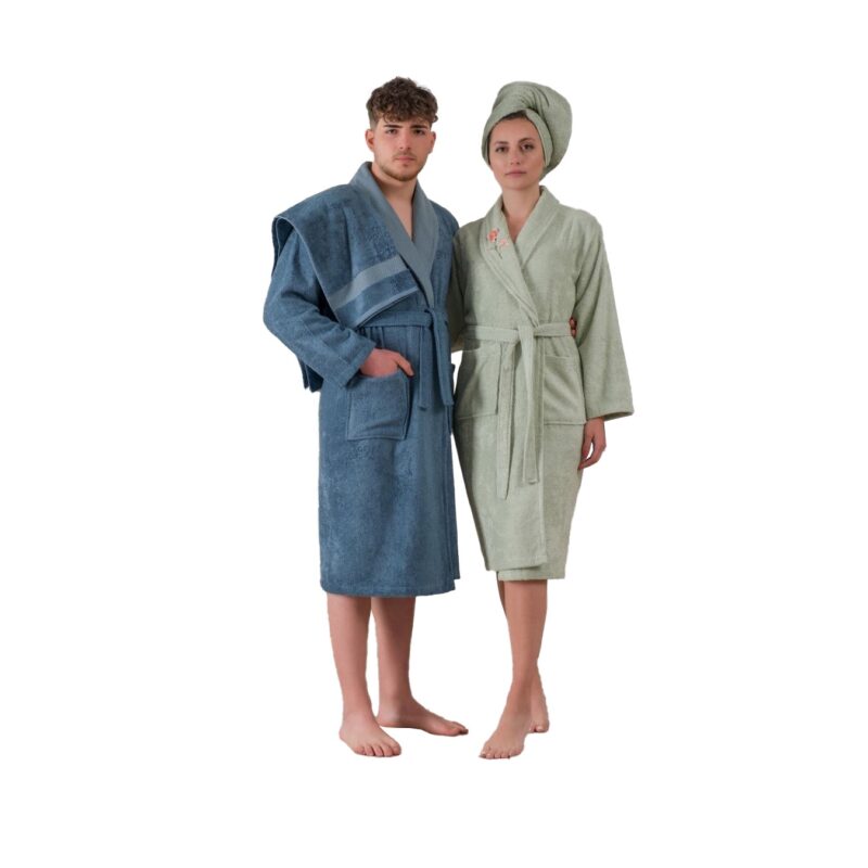 Set matrimonial 6 piese, 2 halate baie, 4 prosoape, bambus si bumbac, S/M, M/L, Cotton Box, Green/Blue