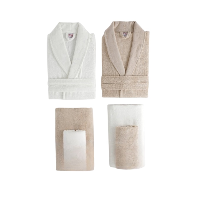 Set Halate baie si prosoape, Fiesta Vip, cu broderie, Bambus, 6 piese, Alb, Maro, M-L