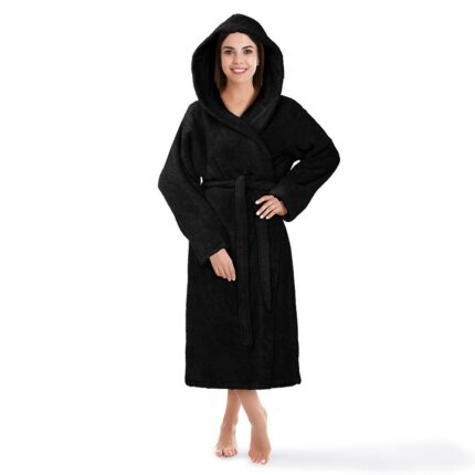 Halat de baie unisex Robin, Spod Igły i Nitki, Bumbac, Cu gluga, Negru, S-M