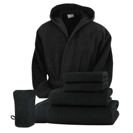 Set baie halat XXL/XXXL si 6 prosoape Classic Collection, Negru, 100% bumbac, Terry Selection