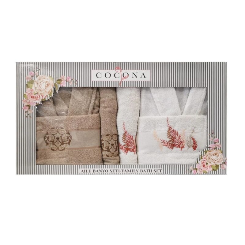 Set halate baie Cocona, broderie decorativa, 100% bumbac, 6 piese - 2 halate, 4 prosoape, culori alb/maro deschis