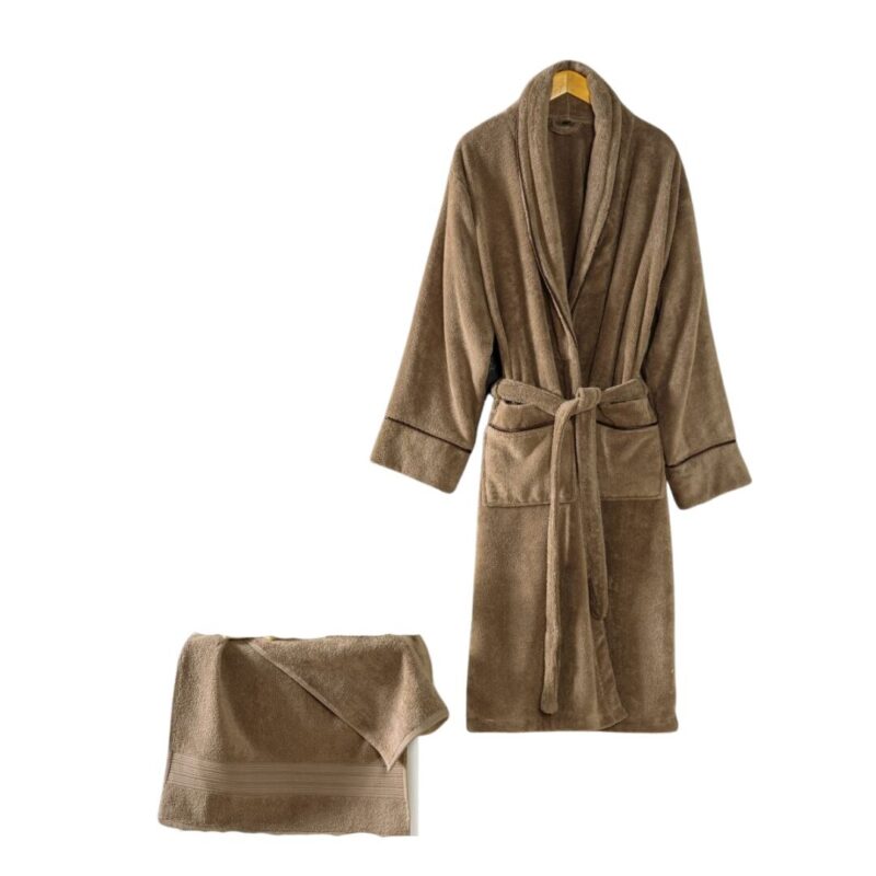 Set Halat de baie si prosop, marime L-XL si prosop 50x90cm, bumbac 100%, CottonBox, Exclusive Bej