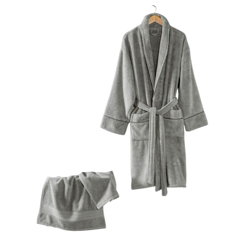 Set Halat de baie si prosop, marime L-XL si prosop 50x90cm, bumbac 100%, CottonBox, Exclusive Gri