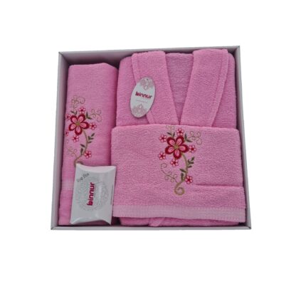 Set halat de baie dama brodat 100% bumbac pentru o persoana, halat marime universala M/L, un prosop de fata, un prosop de corp