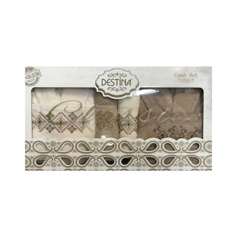 Set Family Destina 2 halate + 4 prosoape, brodate, culori crem + bej