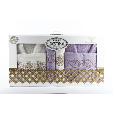 Set Family Destina 2 halate + 4 prosoape, brodate, culori crem + lila