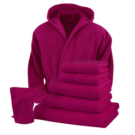 Set baie halat S/M si 6 prosoape Classic Collection, Fucsia, 100% bumbac Terry Selection