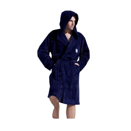 Halat de baie pentru barbati cu gluga, model Iwo, din poliester premium, culoare albastru inchis, marime L