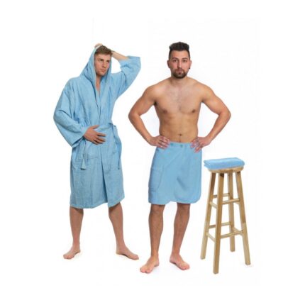 Set, Interkontakt, halat cu gluga + kilt de sauna pentru barbati + prosop, albastru deschis, S, 8595695349883