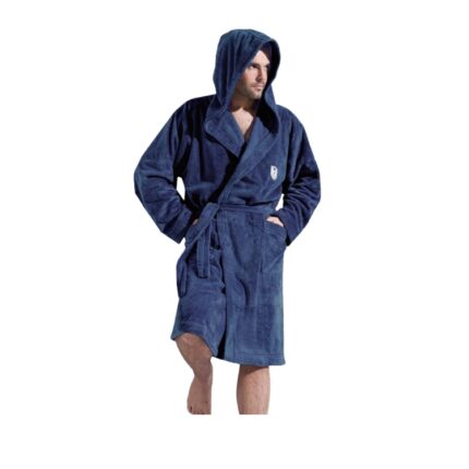 Halat de baie pentru barbati cu gluga, model Iwo, din poliester premium, culoare albastru navy, marime L