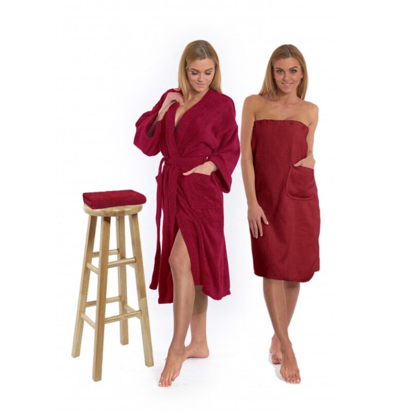 Set, Interkontakt, halat de baie KIMONO + kilt de sauna pentru femei + prosop, burgundy, XXL, 8595695348923