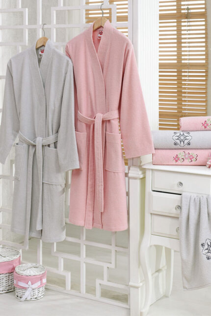 Cotton Box, Set de halat de baie si prosoape, Roz pastel/Gri deschis