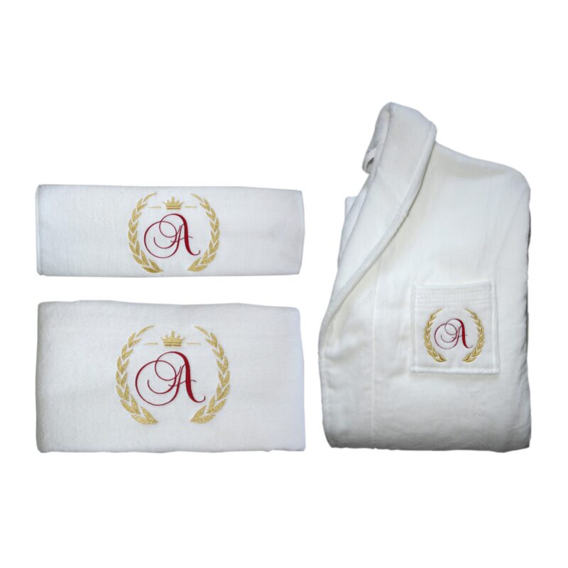 Set de baie Top Terra Trade, 1 halat si 2 prosoape, albe, bumbac 100%