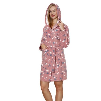 Halat cu gluga, plus, 80% bumbac, roz cu stelute L