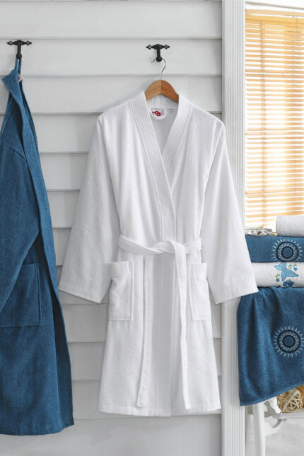 Cotton Box, Set de halat de baie si prosoape, Alb/Bleumarin