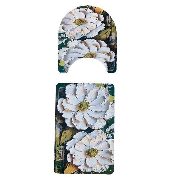 Set de 2 Covorase de Baie cu Motive Florale, Verde, Spuma de Inalta Rezilienta, Microfibra Absorbanta, Lavabile la Masina - Include Covoras de Toaleta in Forma de U si Covorase pentru Cada