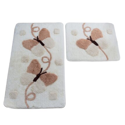 Set 2 covorase baie Chilai Ultra Mari Cafeniu, 60x100cm/50x60cm, acril, inaltime fir 18-30mm, gramaj 1.5 kg, model 2 fluturi