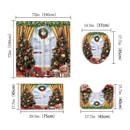 Set de 3 covorase de baie si o perdea dus cu imprimeu de Craciun, Poliester, Antiderapant, Multicolor, 180x180cm/75x45cm/40x45cm/37x45cm