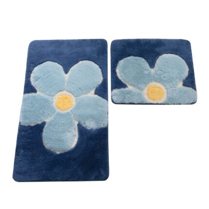Set 2 covorase baie Chilai Ultra Flower Blue, 60x100cm/50x60cm, acril, inaltime fir 18-30mm, gramaj 1.5 kg, model floare