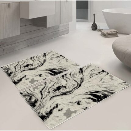 Set 2 covoare baie, negru/alb, dimensiune, Covor mare 60 x 90 cm, covor mic 40 x 60 cm