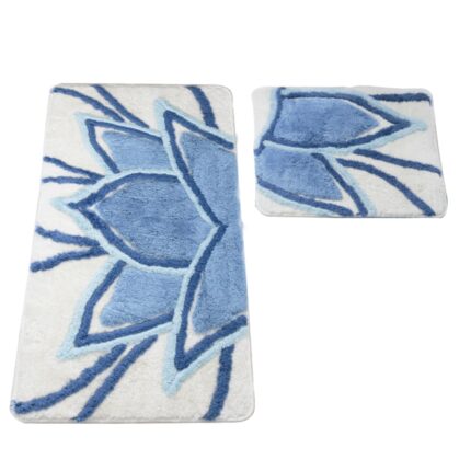 Set 2 covorase baie Chilai Ultra Lotus Blue, 60x100cm/50x60cm, acril, inaltime fir 18-30mm, gramaj 1.5 kg, model frunze