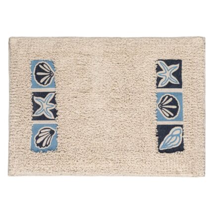 Covoras de baie Shopiens® din bumbac bej cu imprimeu de stele de mare si scoici de culoare albastra, 60 x 40 cm